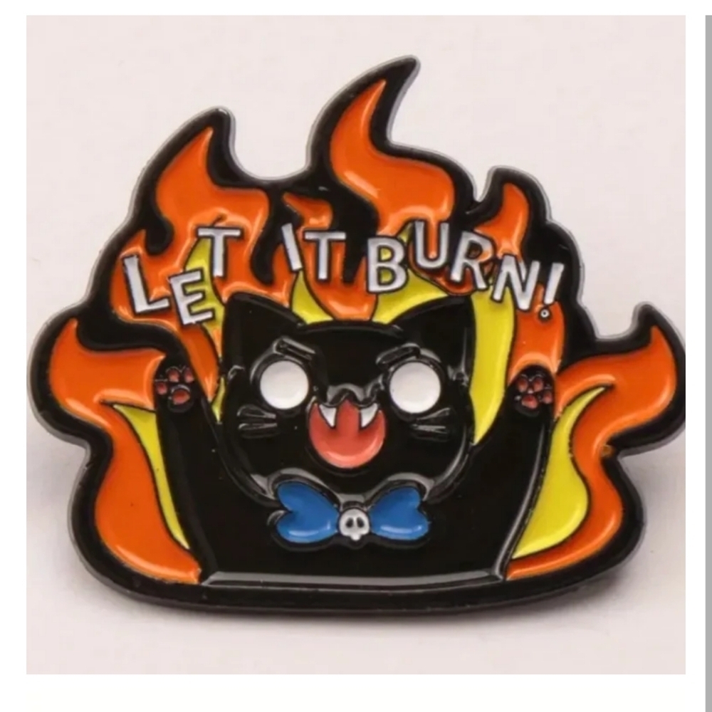 Black Cat Enamel Pin with Flames